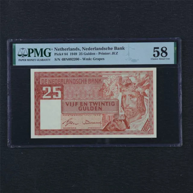 1949 Netherlands Nederlandsche Bank 25 Gulden Pick#84 PMG 58 Choice About UNC