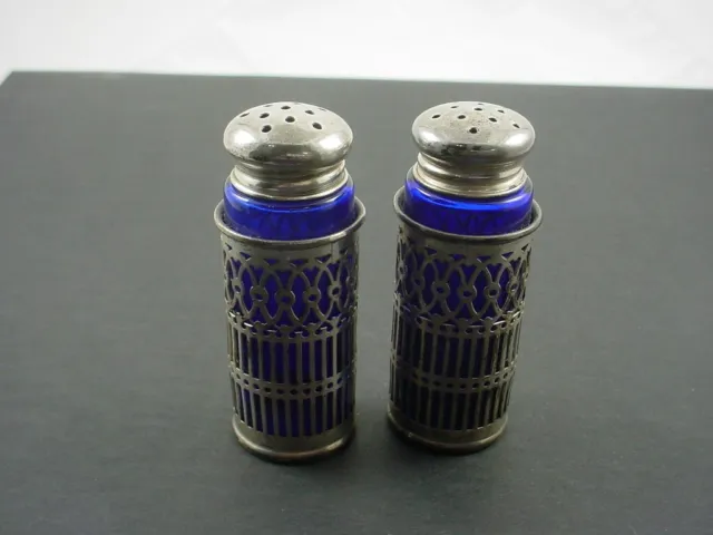 Vintage WEBSTER Cobalt Blue Glass Salt Pepper Shaker Pierced Sterling Silver