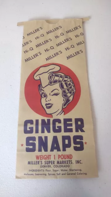 Vintage 40s? Ginger Snaps 1 Pound Paper Bag Miller Super Market Empty