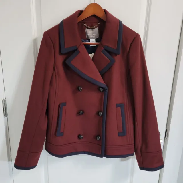 J. Crew Women's Nello Gori Italian Wool Burgundy Tipped Peacoat.  Size 16. NWT.