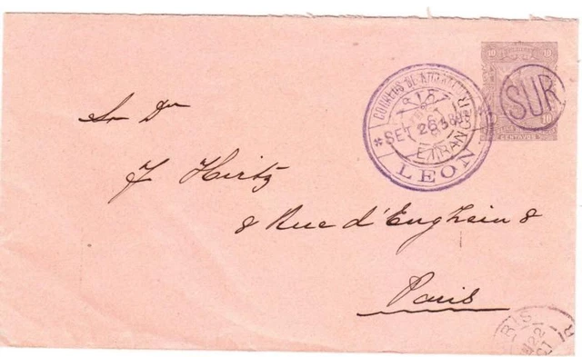 Nicaragua POSTAL ENVELOPE-HG:B20-LEON SET/26/1893 to PARIS via CORINTO