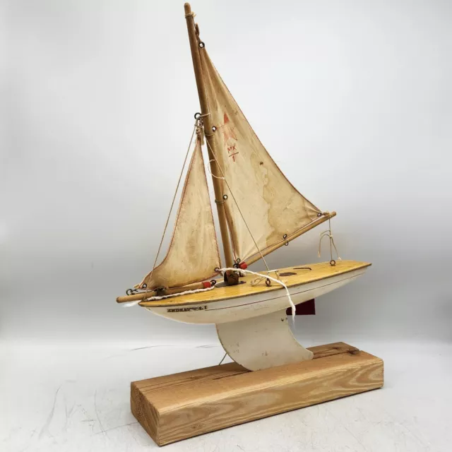 Vintage Birkenhead Endeavour I Star Yacht Wooden Pond Sail Boat Toy Model, Stand