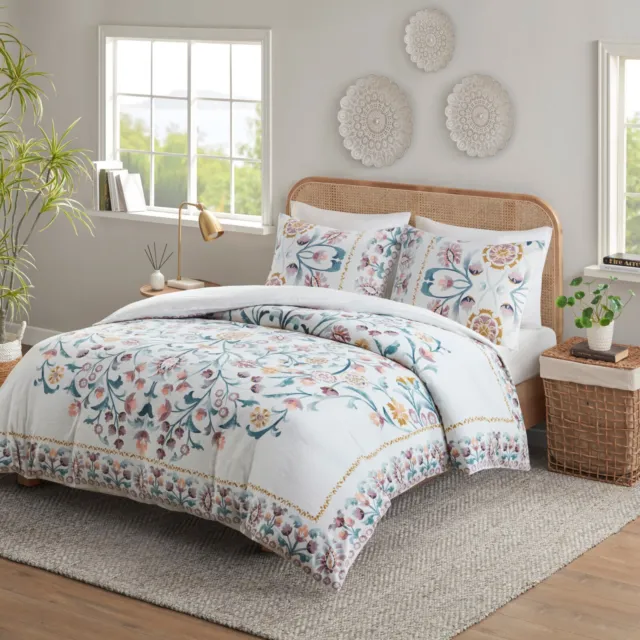 Madison Park 3 Piece Shabby Chic Floral Print Duvet Cover Set Full Queen King
