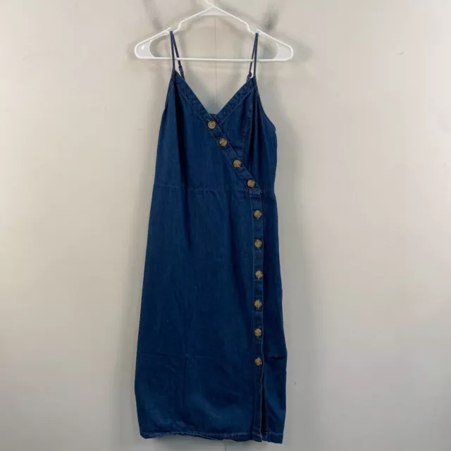 Universal Thread Womens Medium Dress Blue Sleeveless Midi Denim Button V-Neck