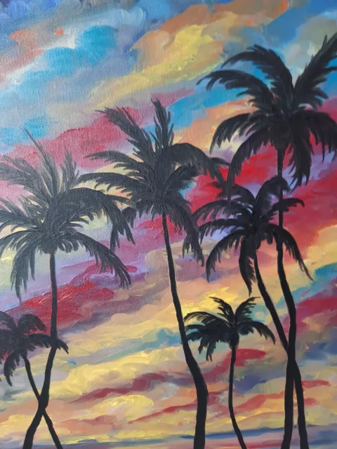 Palm Tree Peinture Rainbow Sunset Original Art Hawaii Beach Oil Artwork 16 by12 3