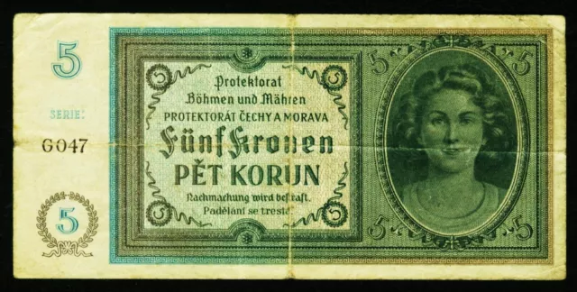 Protektorat Böhmen und Mähren. 5 Kronen / Korun 1940. 559. P. 4. Serie "G".