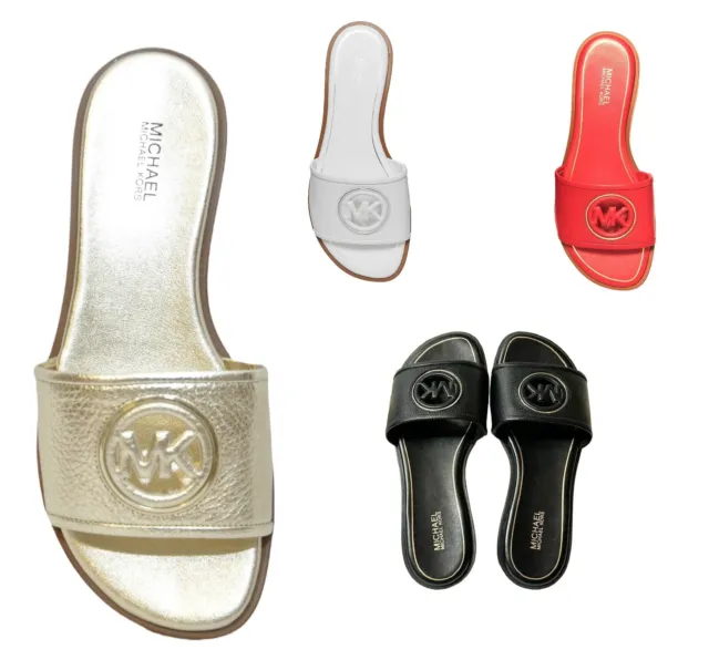 Michael Kors Deanna Cutout Leather Slide Sandal Poppy/White/Black/Pale Gold Nib