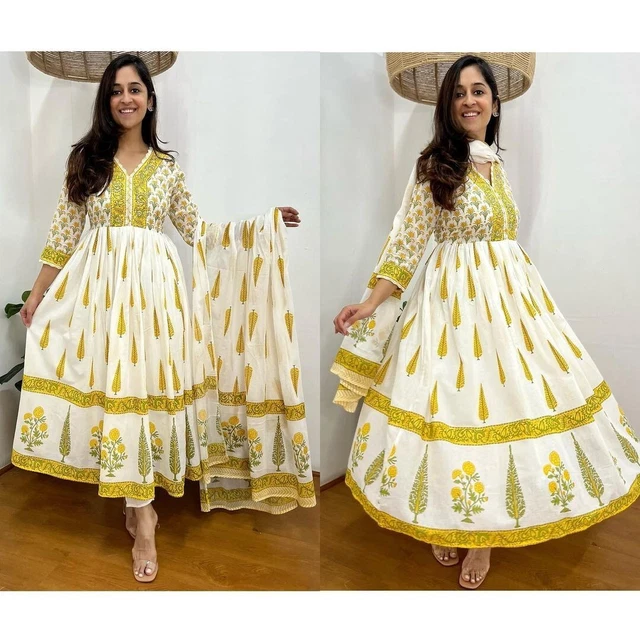 Indian Handmade Cotton Yellow Embroidery Work Anarkali Kurti Palazzo Dupatta Set