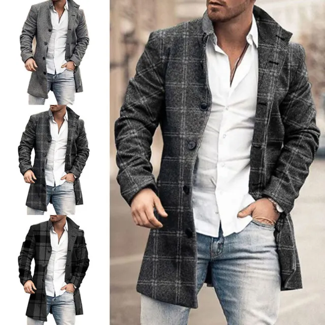 Men's Long Sleeve Wool Lapel Jacket Outwear Business Formal Blazer Coat Overcoat