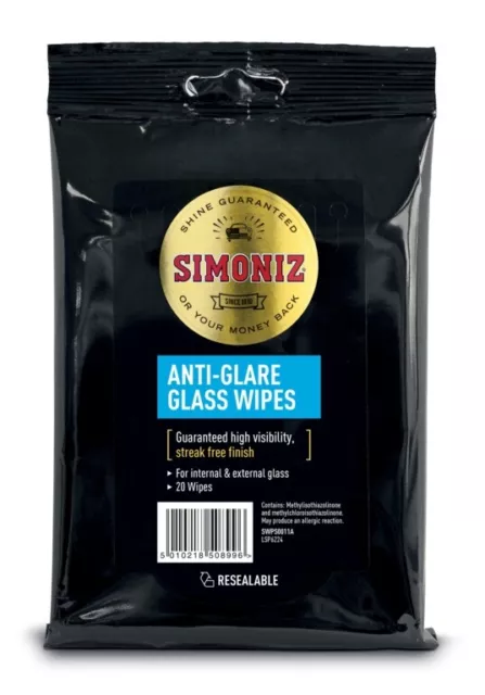Simoniz Anti-Glare Streak Free Car Window Windscreen Glass Wipes - Pack of 20