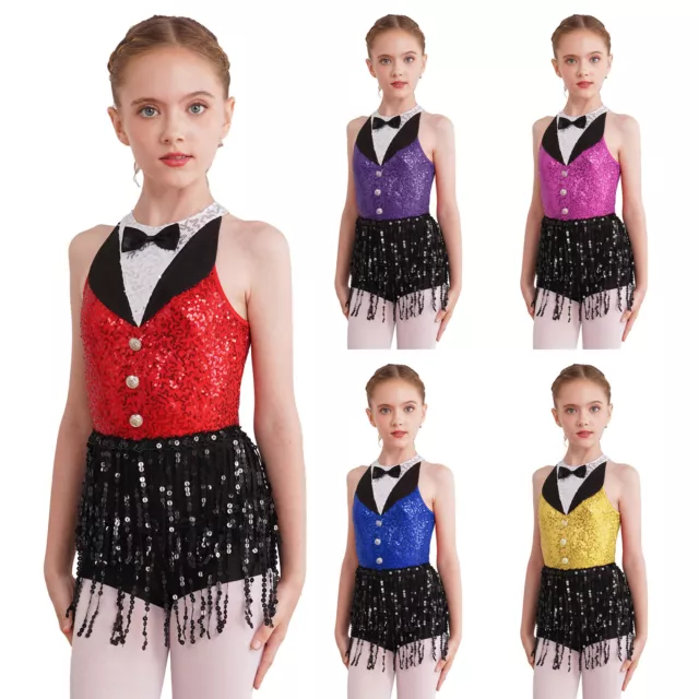 Girls Sequins Gymnastics Ballet Jazz Dance Jumpsuit Leotard Performance Costume