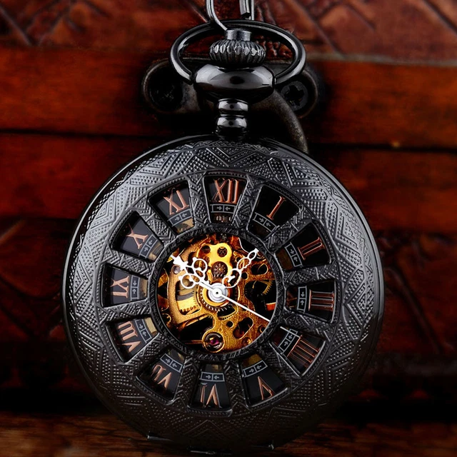 Hunter Hollow Dragon Pattern Montre De Poche Mécanique Antique Pour Homme Avec Chaîne Et Boîte