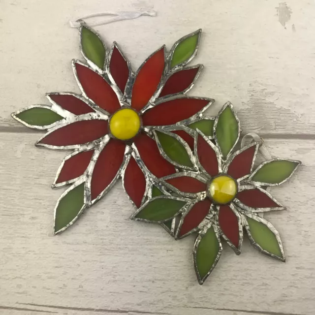 Set of 2 Stained Glass Poinsettia Ornaments Window Decorations - Handmade in UK