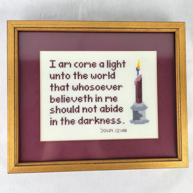 Cross Stitched Proverbs Bible Verse John 12:46 Framed Matted Wall Picture Vtg