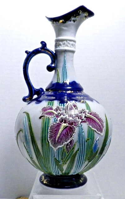 Os-1- Antique Japanese Moriage Hand Painted Porcelain Iris Motif Ewer Pitcher 9"