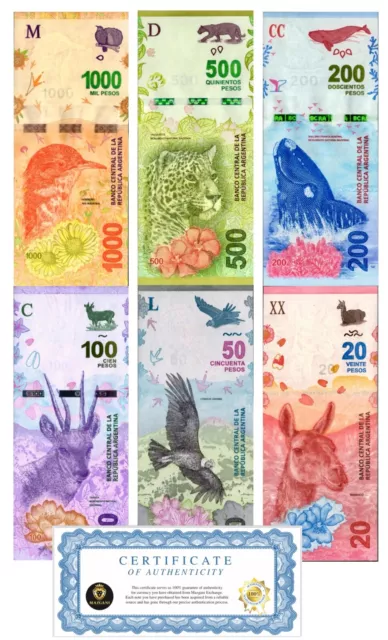 Argentina 20 50 100 200 500 1000 Pesos 6 Pcs SET NEW, 2016-2019 Banknote ND UNC