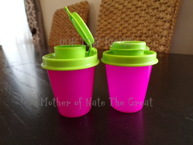 TUPPERWARE SALT AND PEPPER SHAKER SET Spice Small Midget Mini Travel Pink Green