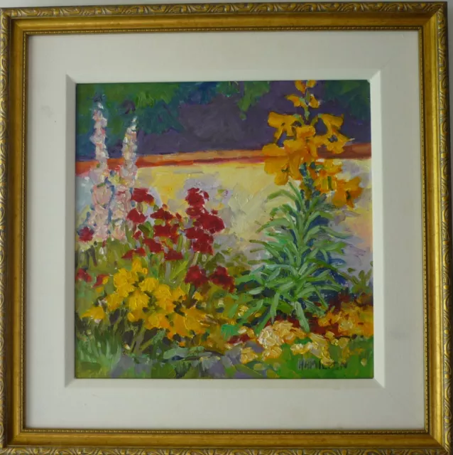 NEW oil painting sunny day flowers garden P.Hamilton original 12x12 LANDSCAPE