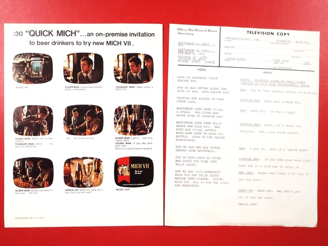 1975 MICHELOB-MICH VII (7oz) "QUICK MICH" TV Ad Spot Storyboard & Audio Script