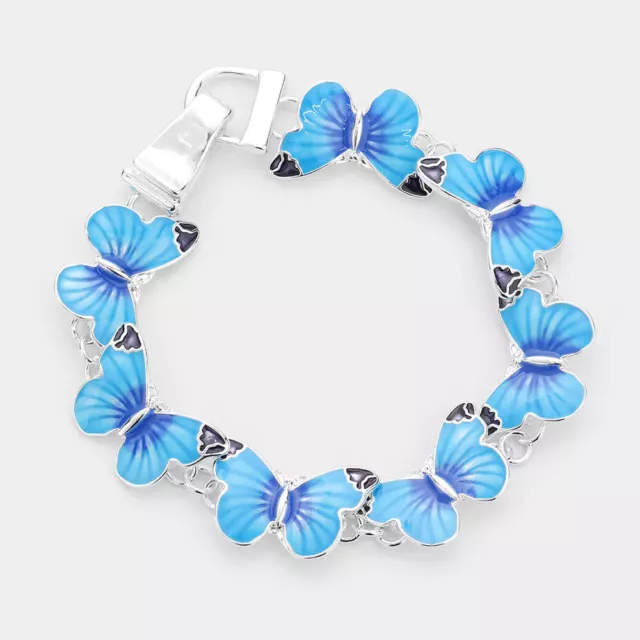 NEW Blue Butterflies Enamel Chain Link Charm Silver Tone Magnetic Clasp Bracelet