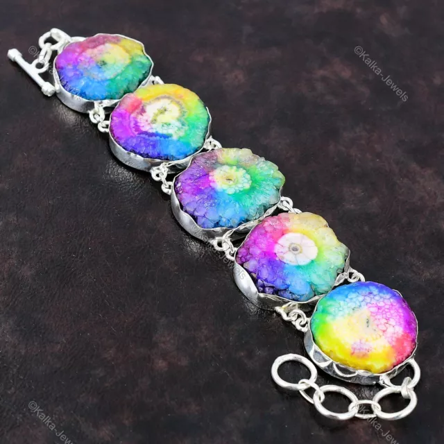 Rainbow Solar Quartz Druzy Bracelet 925 Sterling Silver Adjustable Boho Bracelet