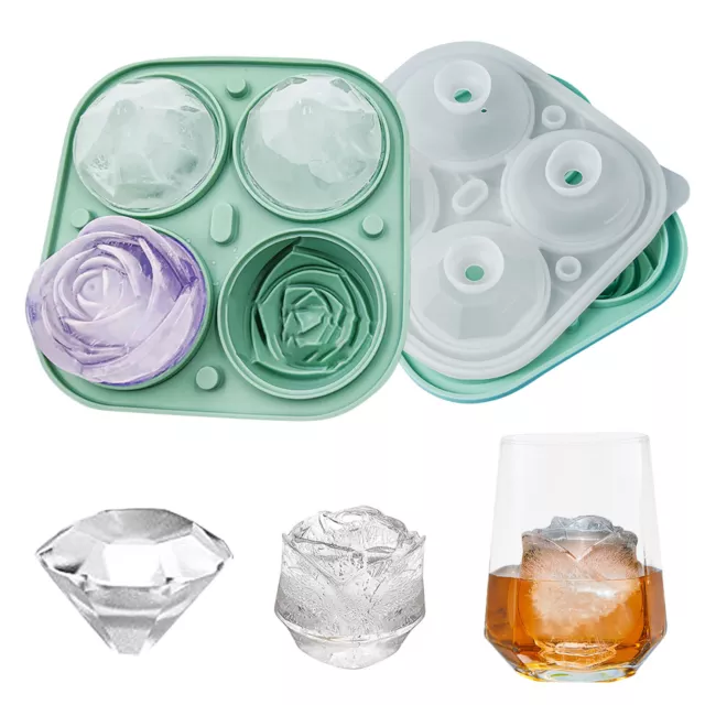 4 Cavity Large Ice Cube Tray 3D Diamond Rose Shape Silicone Mold Whiskey Mould 2