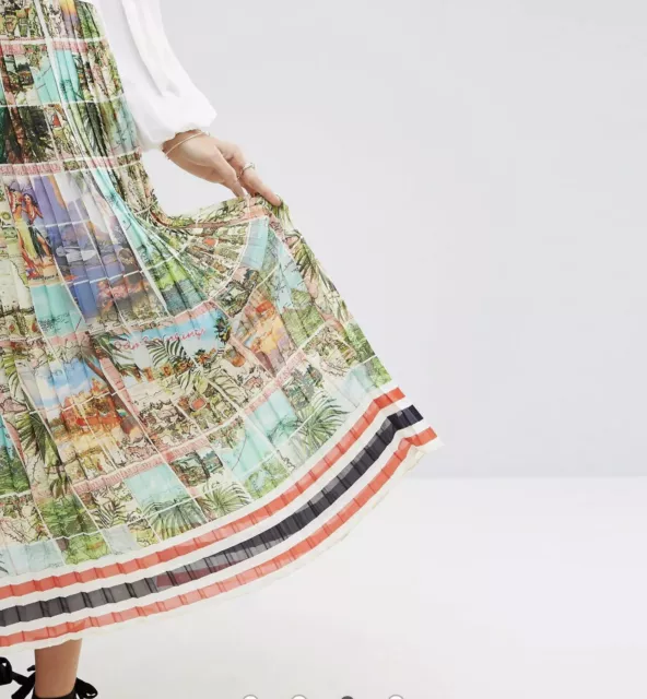ASOS Womens Pleated Midi Skirt Size 2 Postcard Print Chiffon High Waist 3