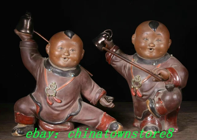 12" Antique Old Chinese Dynasty WuCai Porcelain Tongzi Boy Pour tea Statue Pair
