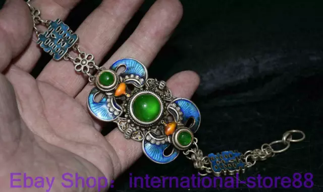 8.4" Old China Cloisonne Silver inlay Green Jade Gem Dynasty Palace Hand Chain