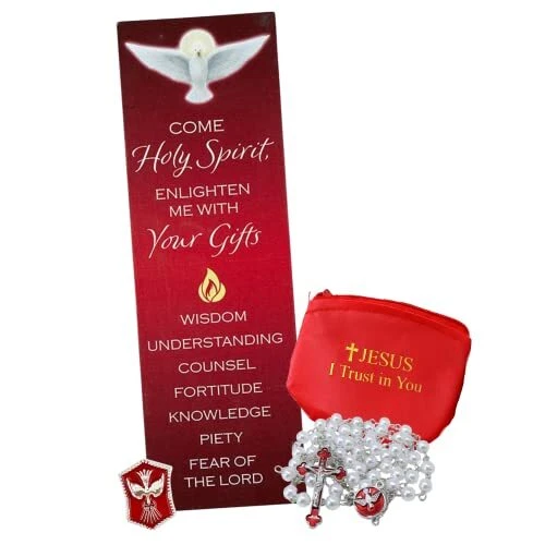 Confirmation Gift Set for Girls, White Rosary with Pouch, Lapel Pin, and Wall