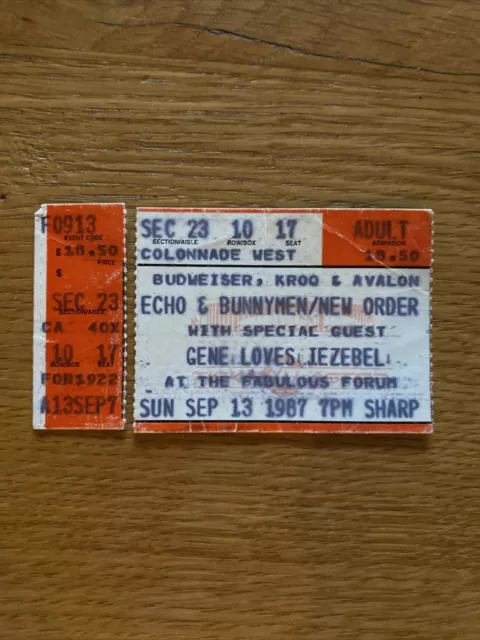 ECHO AND THE BUNNYMEN / New Order TICKET STUB Sept 1987 THE FORUM LOS ANGELES