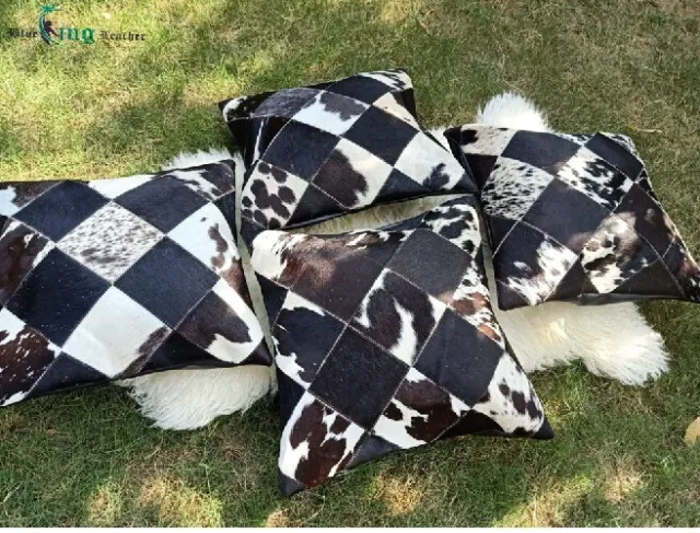 4 x Real Cowhide Hair on Leather Patchwork Pillows /Cushion Covers Decor 40x40cm
