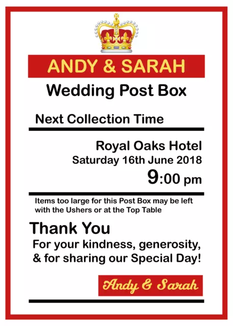 Personalised Royal Mail Post Box Wedding Sign/Insert