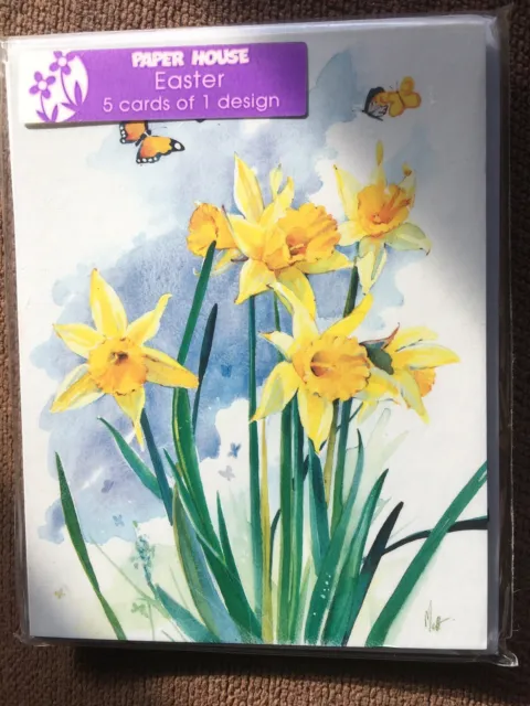 Pack Of 5 Easter Art Cards, Daffodils And Butterflies, Free Post