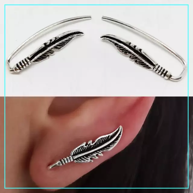 Pendientes de Plata 925% Ear Correas Eslabonadas Pluma Escaladores Lungorecchi