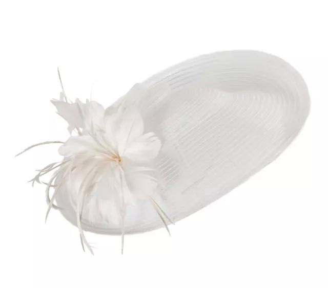 Large white racing fascinator with feather flower by Max Alexander RRP: $149.95 2