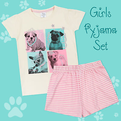 Girls Pyjama Set Shorts T-shirt Summer PJs 100% Coton Puppy Dog 3 4 5 6 7 8 9 10