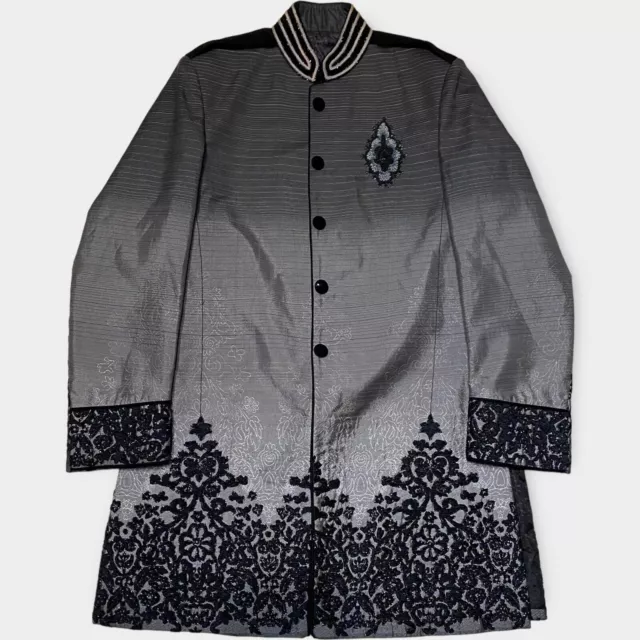 Sherwani Matrimonio Grigio Indiano Nero Ricamato Perline 40"