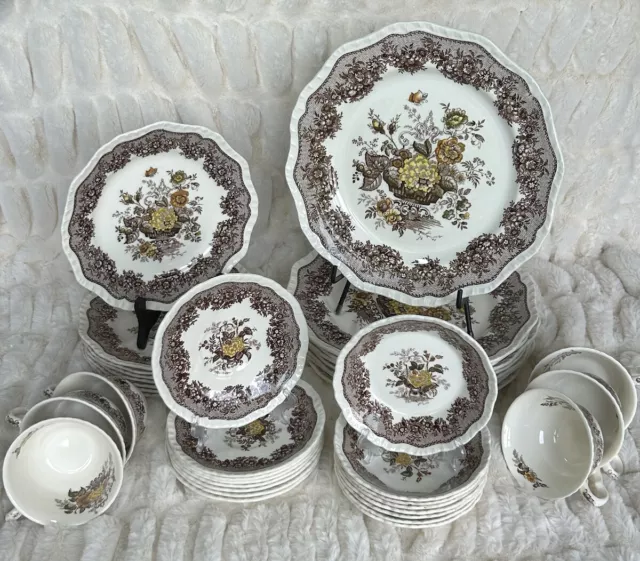 Masons Patent Ironstone Brown Transferware Ascot 38 Piece Set 1960s Vintage