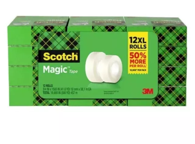 NEW 3M Scotch Magic Tape, 3/4" X 1500" Per Roll, 12 XL Rolls 50% more
