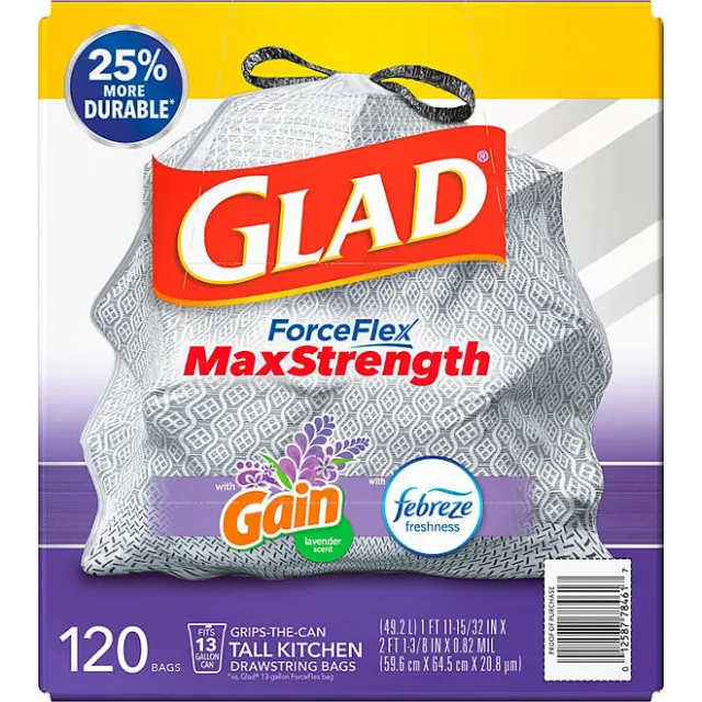 Glad ForceFlex Plus Tall  Drawstring Trash Bags, Gain Lavender(13 gal., 120 ct.)