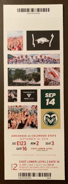 Arkansas Razorbacks 9/14/2019 NCAA football ticket stub vs Colorado State