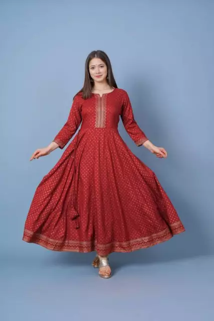 Beautiful Printed Women's Long Gown Dress Bollywood Viscose Rayon Anarkali Kurta