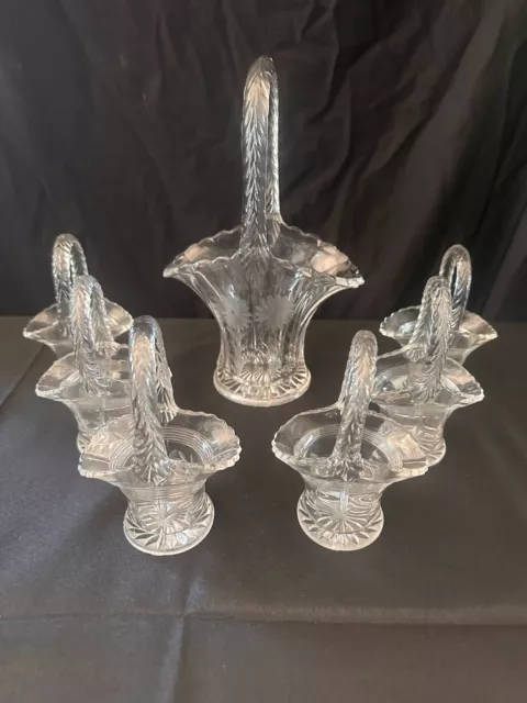 Large + 6 Small Baskets - American Brilliant Period ABP Floral Cut Glass Crystal