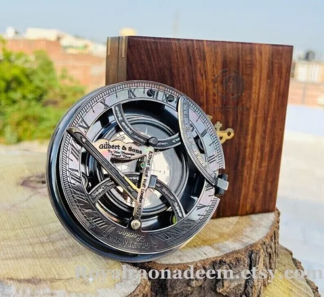 Intage Maritime Solid Brass Sundial Compass Nautical Marine With Wooden Box