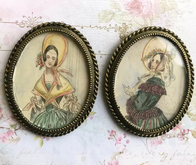 Antique Pair Georgian Miniature portrait Engravings Ladies c.1830 Oval Framed