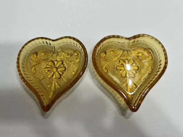 Two Vintage Amber 4" Heart Trinket Dish Jewelry Tiara Indiana Glass Candy Nut