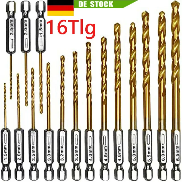 16 Tlg Echskant Bitbohrer Set Titan HSS Schlag Sechskantschaft Schnellwechsel DE