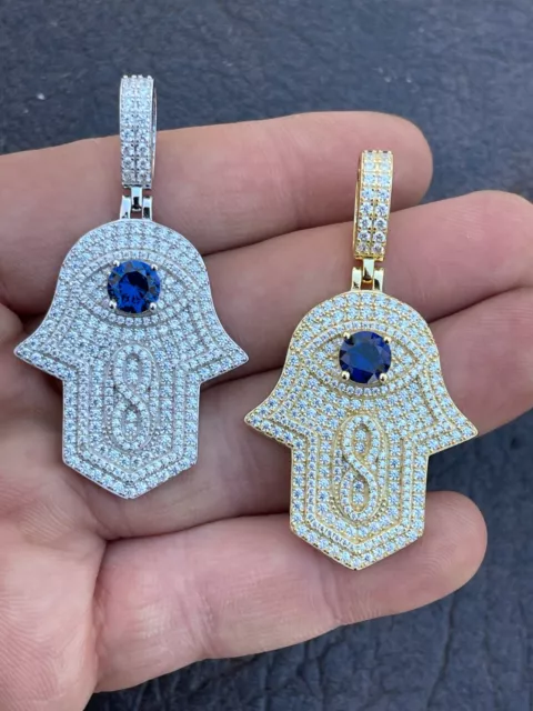 Real 925 Sterling Silver Evil Eye Hamsa Hand Pendant Icy CZ Necklace Gold Plated