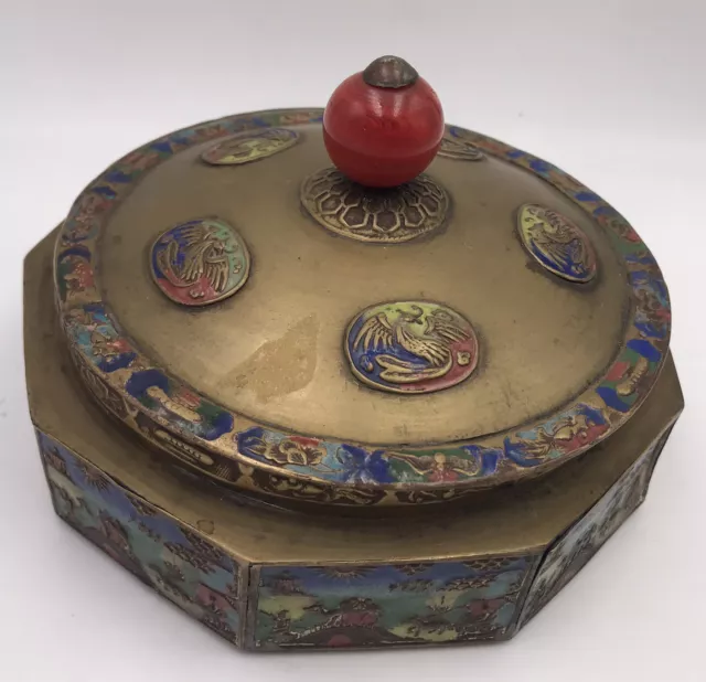 Vintage Chinese Brass Enamel Tea Caddy Trinket Dish Compote ??